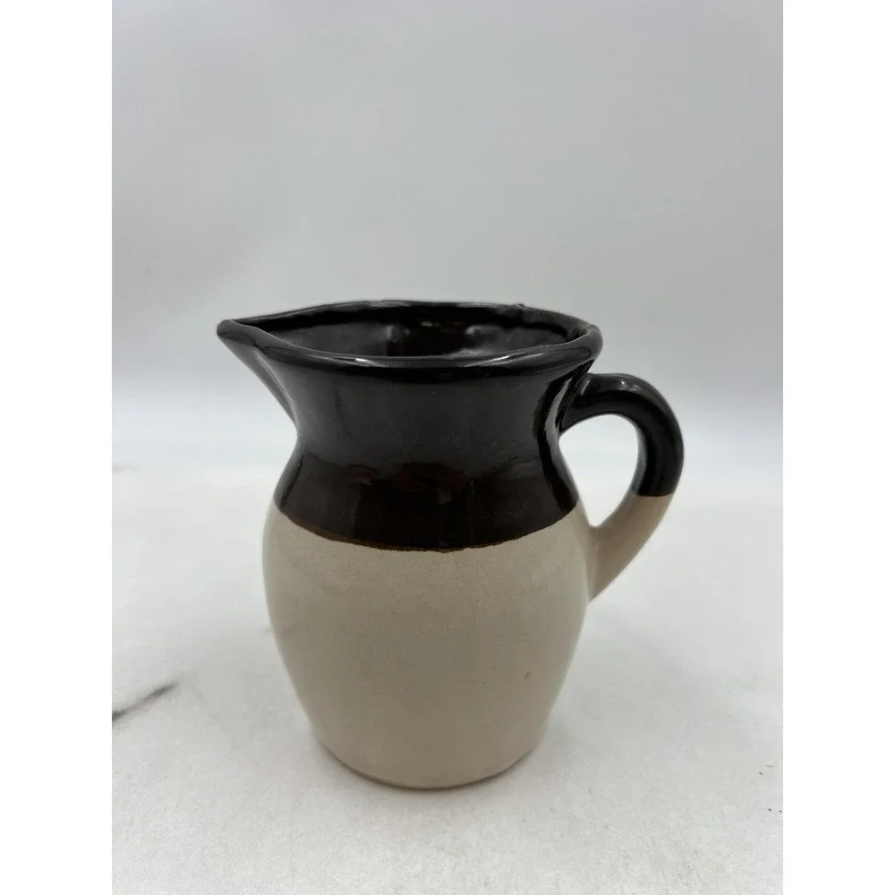 Vintage Stoneware Pitcher Brown Tan Glazed Two Tone Farmhouse Creamer 4.75in